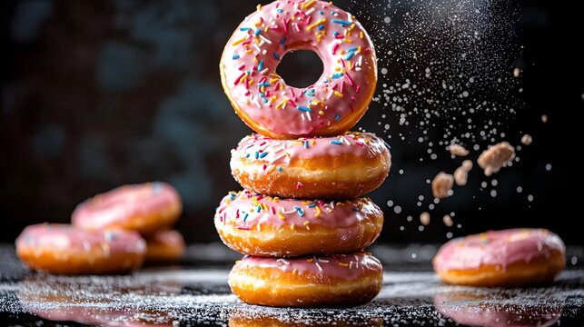 Mouthwatering frosted donuts in a dynamic off kilter stack on a moody background