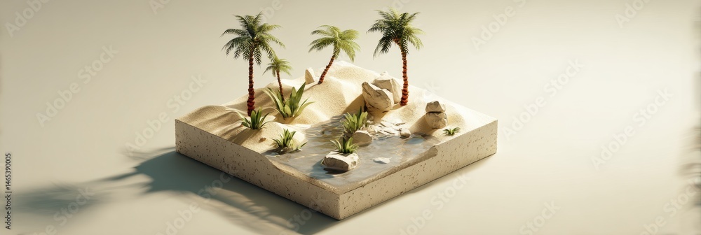 Poster minimal desert oasis featuring tiny palm trees and a tranquil water pool surrounded by soft sand and