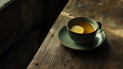 Warm herbal tea with lime slice on rustic wooden table