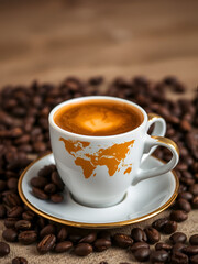 Fototapeta premium Espresso Coffee Cup World Map Design Golden Saucer Roasted Beans Aromatic Drink Global Beverage Dark Rich Brown Coffee Beans Luxury Gourmet Coffee Cafe Culture Morning Coffee Break Time Delicious