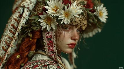 Fototapeta premium Enchanting fantasy portrait of a woman with floral crown and sparkles, glowing soft light, fairy tale style with ethereal mood and gentle beauty expression