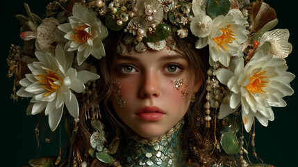 Enchanting fantasy portrait of a woman with floral crown and sparkles, glowing soft light, fairy tale style with ethereal mood and gentle beauty expression