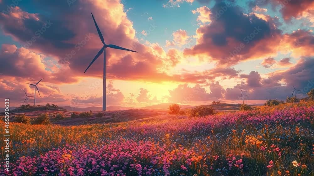 Poster beautiful field of flowers with a windmill in the background. the windmill is located in the middle 