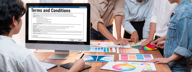 Digital legal contract provide terms and conditions document on computer screen ready for online...