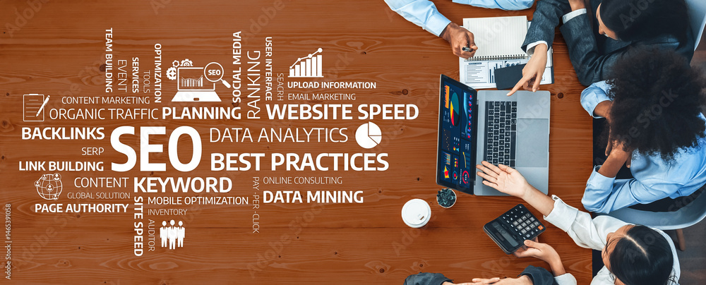 Poster a diverse team collaborates around a table, focusing on data analytics and effective seo strategies 