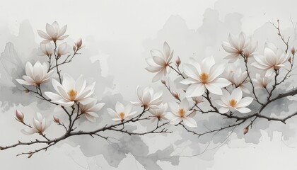 a beautiful, artistic arrangement of white flowers with green leaves against a soft gray background. the flowers are symmetrically placed in a central line, creating a sense of balance and harmony