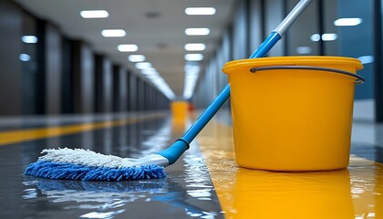 Brightly colored cleaning supplies in a hallway.