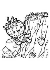 Coloring book strawberry climbing with a backpack on a flowery cliff.