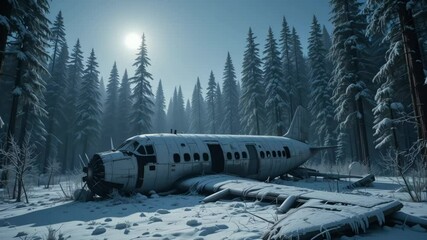 Snow-covered forest illuminated by eerie moonlight revealing a crashed airplane, ideal for horror game visuals or haunting survival themes
