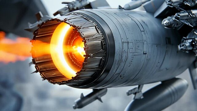 Close-up view of a jet engine exhaust nozzle with flames, showcasing advanced technology in aviation