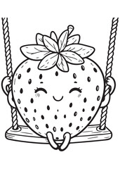 Coloring book strawberry swinging happily. A cheerful and fun scene.