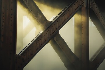 Obraz premium Intricate steel framework structure bathed in golden light.