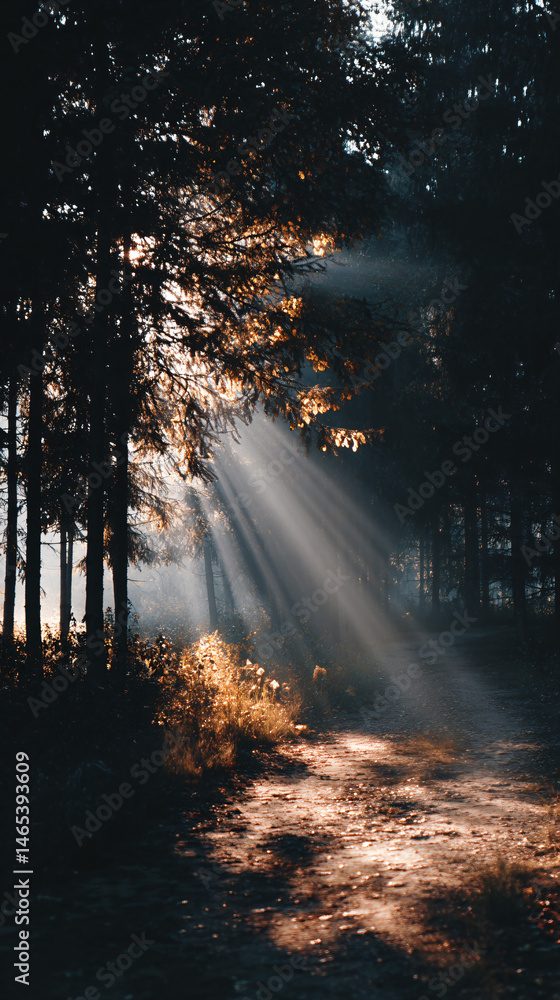 Aufkleber sunday rays filtering through the forest canopy, illuminating a dirt path in autumn