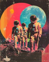 Cosmic Explorers: A retro-style collage, depicting a trio of astronauts in vintage space suits, set against a backdrop of vibrant planets and celestial elements, symbolizing exploration
