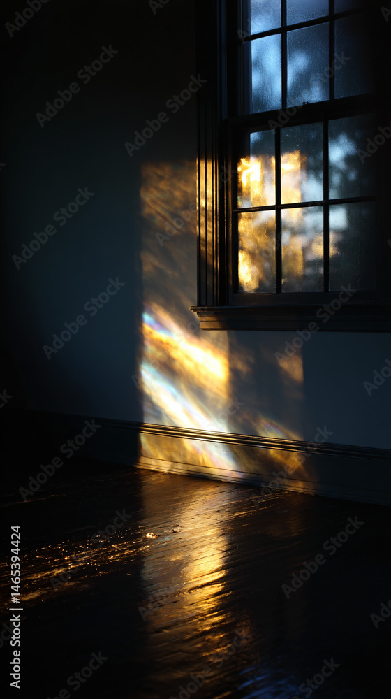 Poster sunlight streams through a windowpane into an empty room, casting balmy reflections.