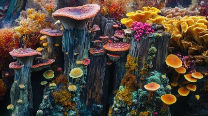 Vibrant fungi ecosystem thrives on decaying wood