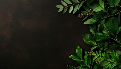 Dark surface with fresh green leaves