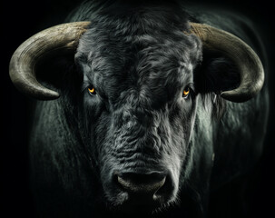 Majestic black bull standing proudly in dramatic lighting with strong muscles and intense gaze, symbol of power, strength, and courage in a dark artistic portrait on a surreal fantasy background
