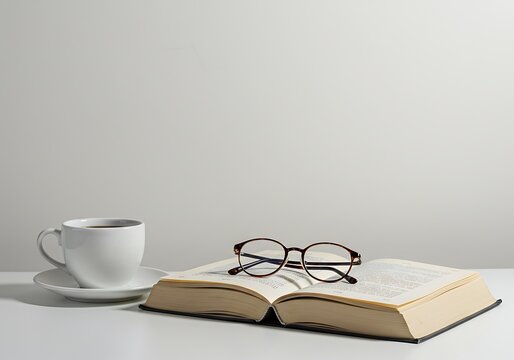 A still life of a white coffee cup an open book and reading glasses on a white surface against a white wall
