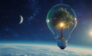 A light bulb with an oak tree inside floats in space, the background is a blue sky and Earth,
