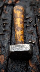 Old, weathered hammer rests on dark wood, surrounded by nails.  A vertical, close-up shot