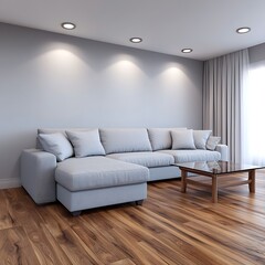Modern Living Room Interior with Comfortable Sectional Sofa, Minimalist Decor, and Natural Wood Flooring Design.