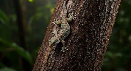 A stunning tokay gecko is seen clinging to a textured tree trunk in its natural habitat.