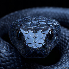 Close-up of a mystical black snake with glowing orange eyes and textured scales, fantasy reptile portrait in dramatic lighting on dark background, digital art with surreal and magical style