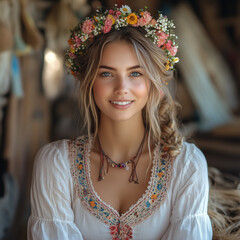 Close-up portrait of a mysterious woman in traditional Slavic embroidered clothes with natural makeup, melancholic expression and soft lighting in Ukrainian ethnic style