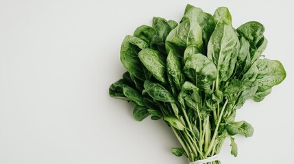 Fototapeta premium Freshly harvested spinach leaves gathered together in a bundle ready for preparation and cooking in the kitchen