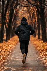 Obraz premium strong immunity concept. Silhouette of a man jogging down a misty forest trail with glowing lights on a moody autumn evening, evoking magic and inspiration