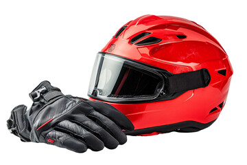 a red motorcycle helmet and gloves