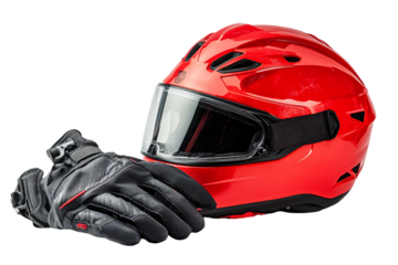a red motorcycle helmet and gloves