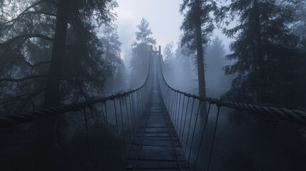 Fototapeta premium Misty forest suspension bridge extending into the distance.