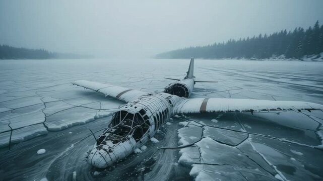 Crashed plane frozen on an icy lake with shattered ice and wreckage visible underwater, ideal for winter survival or environmental storytelling