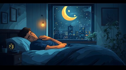 A serene night scene of a man sleeping soundly in his bed