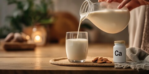 Person pouring almond milk into a glass, a calcium supplement bottle labeled "Ca" standing nearby on the kitchen counter, soft warm lighting.