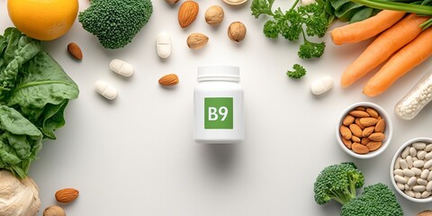 Minimalistic stock photo of a vitamin B9 supplement bottle labeled "B9" surrounded by nuts, legumes, and colorful vegetables on a neutral kitchen counter, soft warm lighting, a bright sunny afternoon.