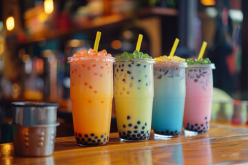 Four Colorful Bubble Teas in a Cafe