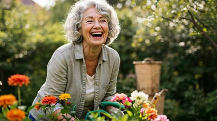 Senior woman enjoys gardening with flowers.
