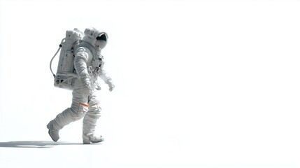 astronaut walking first step side view white sunlight isolated background minimal clean space suit