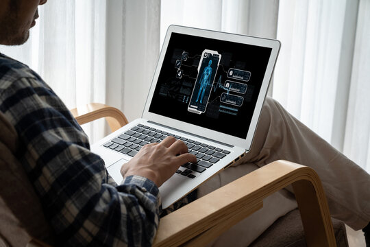 Medical science technology and futuristic healthcare virtual computer software analyze human health and diagnose disease for doctor data and medical research. brisk