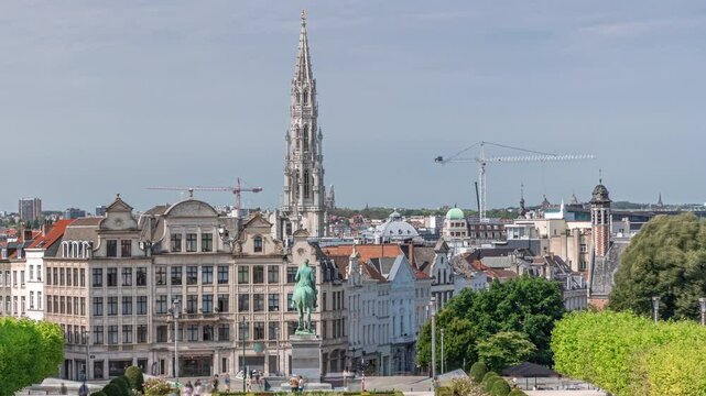 Aerial timelapse of Mont des Arts Garden in Brussels, Belgium. Scenic downtown hill area with landscaped gardens, museums and iconic architecture. Tourists enjoying panoramic city views from viewpoint
