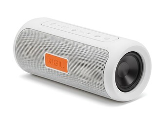 A white and gray rigill wireless speaker with an orange logo on a white background is displayed