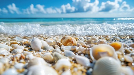 A photo of the rocky shore at low tide, covered in large coral and seashells