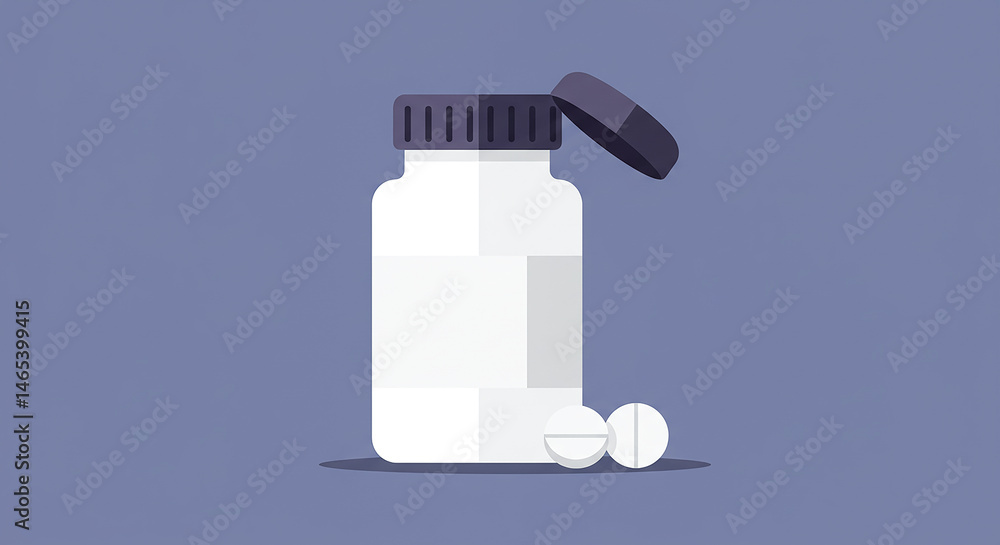 Poster open pill bottle displaying medication with two tablets beside it