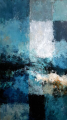 Synopsis art with textured squares in shades of blue, grayness and beige.