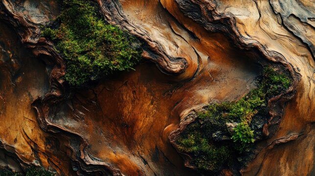 Close-up of textured tree bark with moss