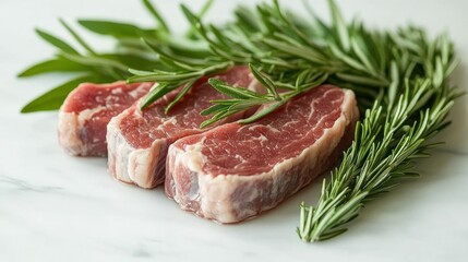 Fototapeta premium Raw meat cuts adorned with fresh herbs on marble surface