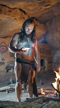 Homme pr&eacute;historique utilisant un smartphone dans une grotte